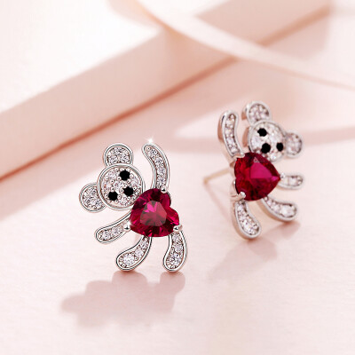 

Static style peach heart bear ear nail female S925 silver lovely artificial zircon earrings fashion ear jewelry rose red