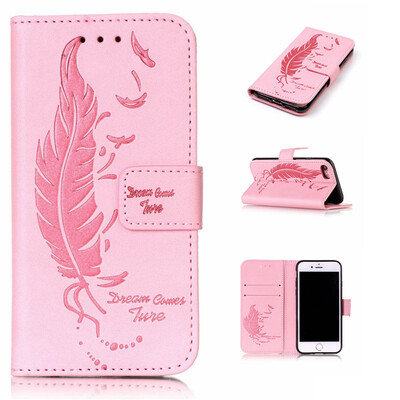 

Pink Plumes and birds Embossed PU Leather Wallet Case Classic Flip Cover with Stand Function and Credit Card Slot for IPHONE 7