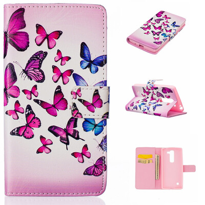 

Pink&blue butterfly Design PU Leather Flip Cover Wallet Card Holder Case for LG Spirit H422