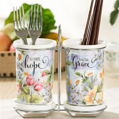 

Evergreen Ceramic Printed Double Chopsticks Cylindrical Lattice Dropping Base Kitchenware Storage Shelf Chopsticks Cage NKZT5877