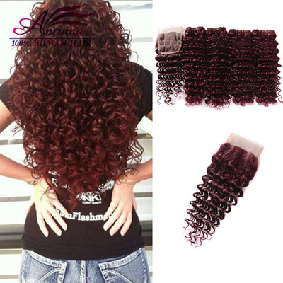 

Indian Deep Wave Virgin Hair With Closure 3 Human Hair Bundles With Lace Closures Curly Deep Wave Bundles With Closure