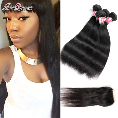 

Irisqueen Hair Peruvian Straight Hair 3 Bundles With Closure Natural Color Remy Hair 4 Pcs/Lot Human Hair Bundles and Lace Closure