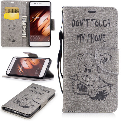 

Gray Bear Style Embossing Classic Flip Cover with Stand Function and Credit Card Slot for HUAWEI P10