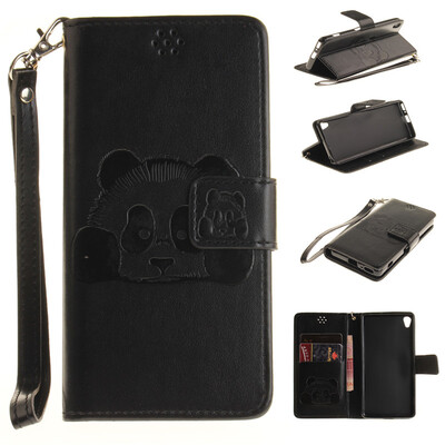 

Black Panda Style Embossing Classic Flip Cover with Stand Function and Credit Card Slot for SONY Xperia XA