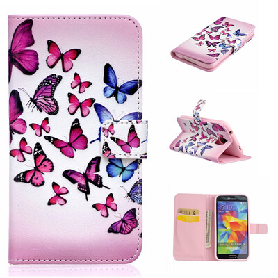 

Pink&blue butterfly Design PU Leather Flip Cover Wallet Card Holder Case for SAMSUNG GALAXY S5