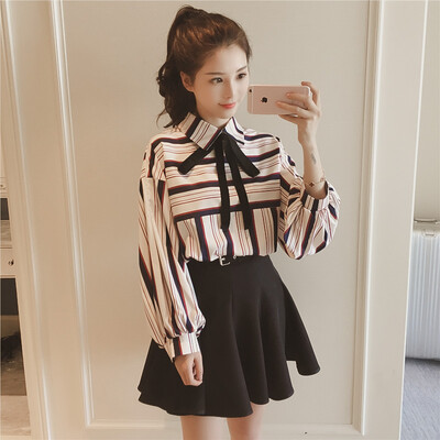 

Sustory womens 2017 spring chiffon shirt jacket female bow lanterns sleeves striped long sleeve bottoming shirt tide SU086 stripes S