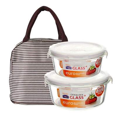 

Lokchu buckle glass crisper microwave oven lunch box glass bowl lunch box lunch box two sets of LLG861 LLG831 transparent 950ml 650ml gift bag 1