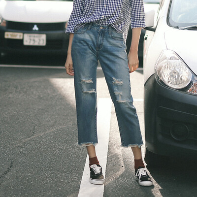 

And pure Raincun hole denim cropped trousers women loose thin hair trimming leg wide leg pants straight pants N2276 29 yards