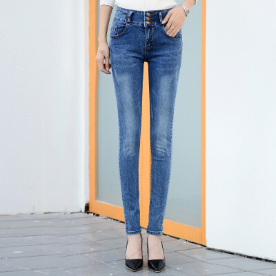 

City plus CITYPLUS simple fashion high waist elastic buckle stitching Slim pencil jeans woman CWKN16T375 blue 27