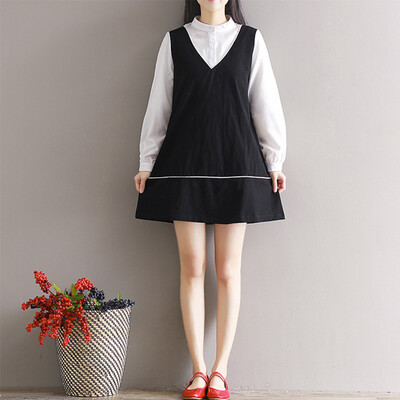

CITYPLUS Classic Casual Loose Long SLeeve Stand Collar False Two Pieces Dress