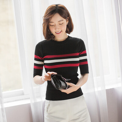 

VIVAHEART Korean casual striped T-shirt round neck Sleeve sweater T-shirt VWYC172450 White S