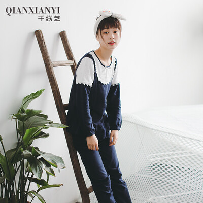 

[Jingdong Supermarket] 1000 line spring 2017 new women's pajamas Korean lace girl long sleeve home service suit Q563122 Baolan M code