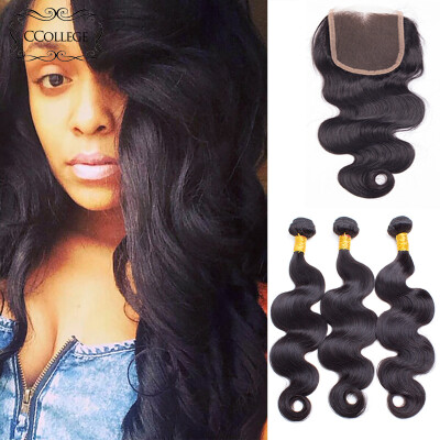 

Ccollege Hair 3 Bundles Malaysian Body Wave With Lace Closure 8A Unprocessed Malasian Human Hair Weave Extensions #1B