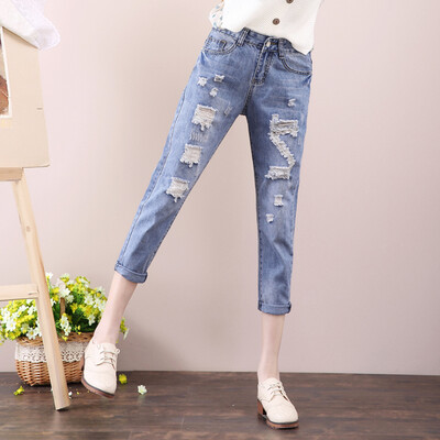

City plus CITYPLUS art fan wide wear broken hole Harlan beggars pants casual jeans CWKN173256 light blue L