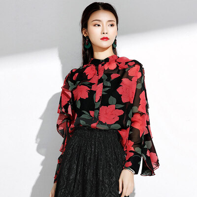 

MAZOE Printed Shirt Chiffon Wood Ear Big Flower Short Bat Sleeve Top Shirt M008 Pink Rose