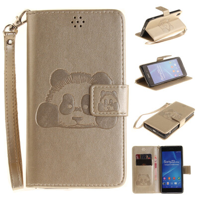 

Gold Panda Style Embossing Classic Flip Cover with Stand Function and Credit Card Slot for SONY Xperia Z2