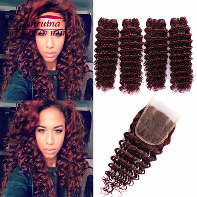 

Virgin Peruvian Deep Wave With Closure 99J Red Hair Bundles With Lace Closures 99j Human Hair Weaves 3 Bundles With Closure