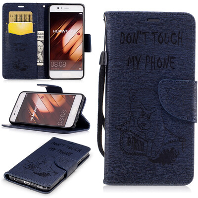 

Deep Blue Bear Style Embossing Classic Flip Cover with Stand Function and Credit Card Slot for HUAWEI P10