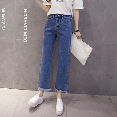 

Long Yue Women&39s loose micro-horn jeans trousers open fork straight side nine pants LWKN173310 dark blue L