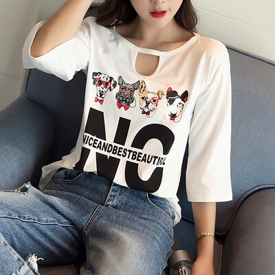 

VIVAHEART Korean version of the five-point sleeper hollow T-shirt loose print pattern underwear coat tide tide VWTD173131 white