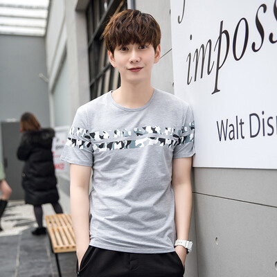 

Yishistyle) stitching camouflage round neck short sleeve T-shirt male ZYT006 white