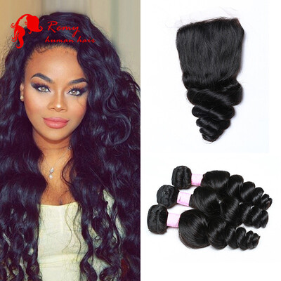 

CZ Hair Cambodian Loose Wave 3 Bundles with 1pc 4x4 Inch Lace Closure Unprocessed Virgin Human Hair Weave with Free Part Closure