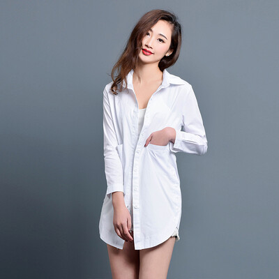 

KuoyiHouse 7006 shirt 2017 spring new plaid shirt female long sleeve loose art long cotton shirt white XL