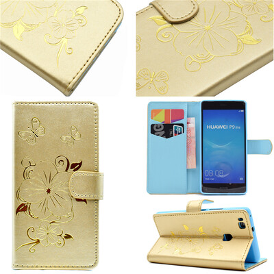 

Gold Hot Stamping Foil Gold Design PU Leather Flip Cover Wallet Card Holder Case for Huawei P9 Lite