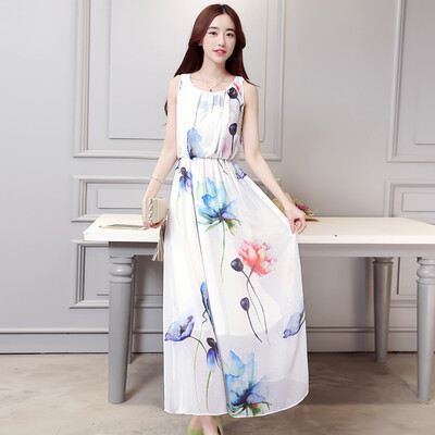 

A morning morning 2017 women&39s Korean version of the chiffon print dress in the long section of the beach skirt sleeveless dress spring&summer S62A0074 white L