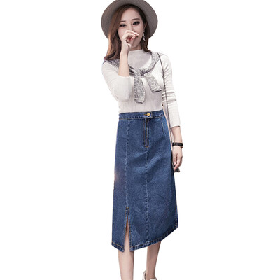 

Longyue women&39s high waist skirt wild denim skirt was thin skirt open skirt Slim package hip skirt LWQZ172306 blue