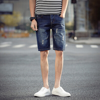 

Lucassa shorts men 's holes pants in the waist denim shorts male K130 dark blue 32