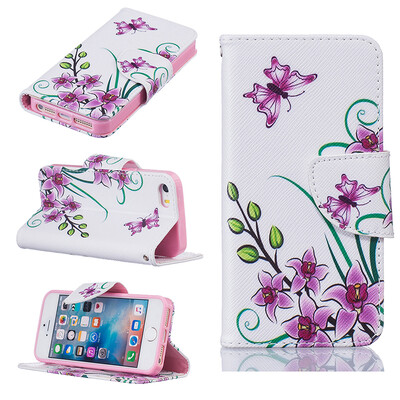 

Pink butterfly Design PU Leather Flip Cover Wallet Card Holder Case for IPHONE 55S5SE