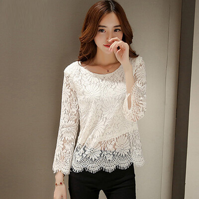 

A morning 2017 women&39s round neck short section large size hollow jacket lace nine points sleeve T shirt female autumn 036906 white