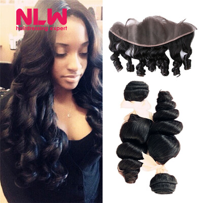 

N.L.W. 10A Brazilian virgin human hair 4 bundles with frontal Loose wave hair weaves with frontal