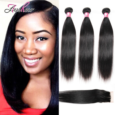 

Aushow Hair Peruvian Virgin Hair with closure 3 Bundles Human Hair Bundles With Closure Peruvian Straight Wave Hair Extensions