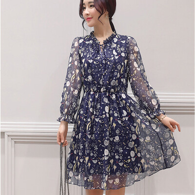 

Longyue Women&39s Print Dress Slim Slim Chiffon Skirt LWQZ173406 Blue L