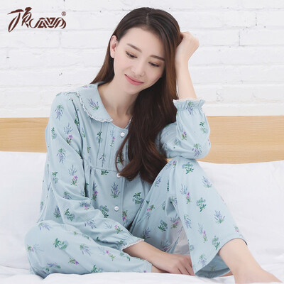 

Top Guahua Pajamas Women &39s cotton lapel long - sleeved home service t80135 light blue print