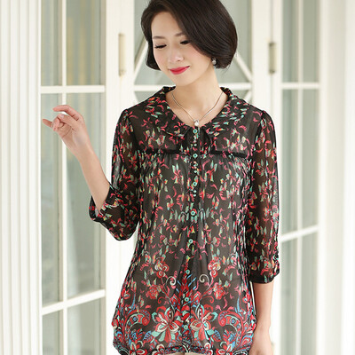 

Simple fox 2017 new middle-aged women spring chiffon shirt shirt mother spring and summer clothing T-shirt black and red flower 4XL