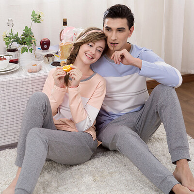 

Shallow casual couple pajamas spring&autumn cotton long sleeves round neck home suit women set 1715 female models