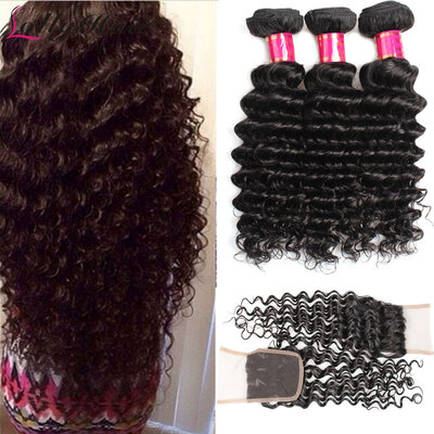 

Malaysian Deep Wave 3 Bundles With Lace Closure Malaysian Virgin Hair With Closure Malaysian Deep Curly Human Hair With Closure