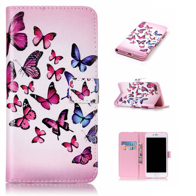 

Pink&blue butterfly Design PU Leather Flip Cover Wallet Card Holder Case for IPHONE 7 Plus