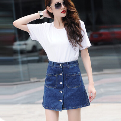 

Long Yue women&39s high waist micro-speaker skirt Slim a row of A word denim skirt LWQZ173303 dark blue