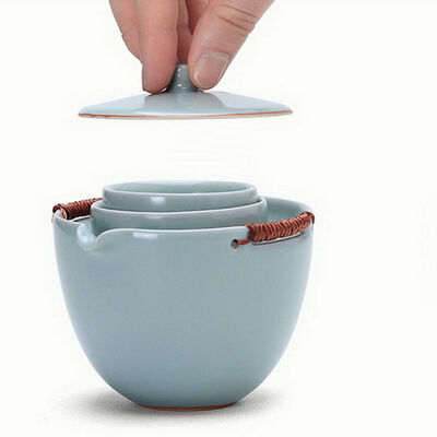 

Ru Kiln Celadon Ice Veins Chinese Kungfu Tea Travel Set Gaiwan&Two Teacups