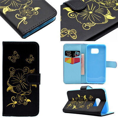 

Black Hot Stamping Foil Gold Design PU Leather Flip Cover Wallet Card Holder Case for Samsung GALAXY S6 Edge