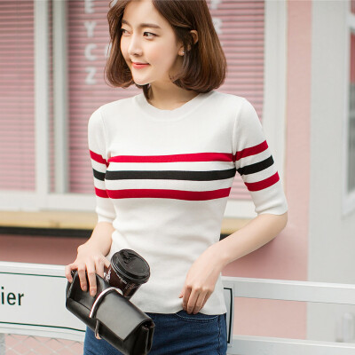 

VIVAHEART Korean casual striped T-shirt round neck Sleeve sweater T-shirt VWYC172450 White