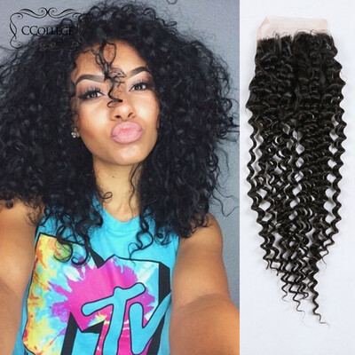 

Malaysian Curly Unprocessed Human Hair Closure 100% Virgin Hair Lace Closure 4X4 Size CCollege Hair Products Natural Color 1B
