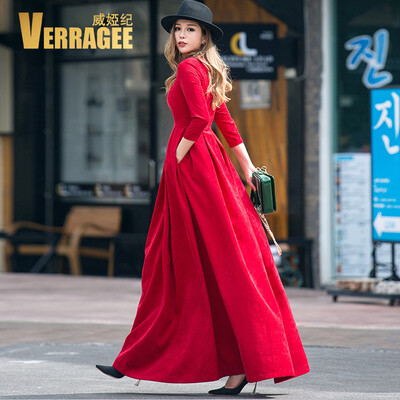 

Wei Ya Ji VERRAGEE dress female autumn 2017 new self-cultivation towing temperament nine points sleeve ladies corduroy long skirt