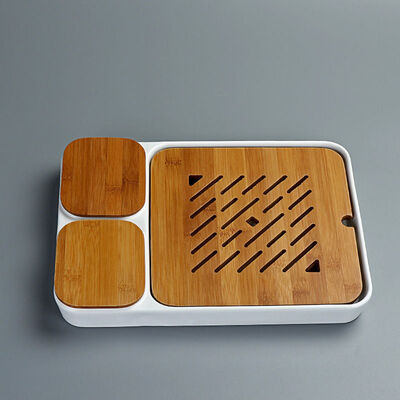 

White Ceramic Teatable Tea Serving Tray With Bamboo Tabletop & Container 32x23cm