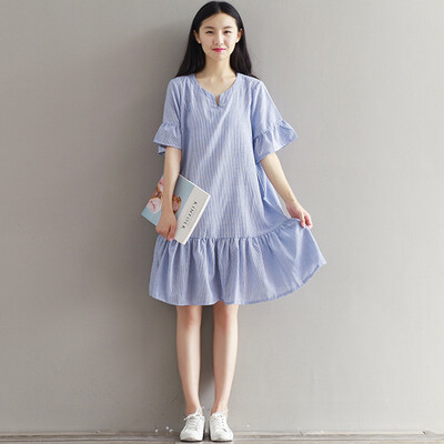 

City Plus CITYPLUS Sen Department of fresh literature and art retro wild stripes loose college wind cotton and linen dress CWQZ173160 blue M