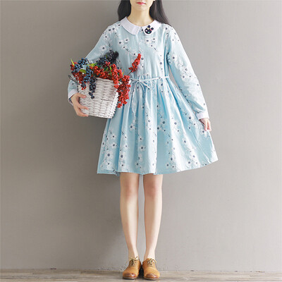 

City Plus CITYPLUS Sen Female College Wind Small Fresh Loose Embroidery Print Long Sleeve Dress CWQZ173154 Light Blue